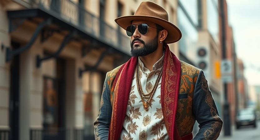 a ethic man showcasing a fusion outfit, blending western and ethnic styles, set against a stylish urban backdrop
