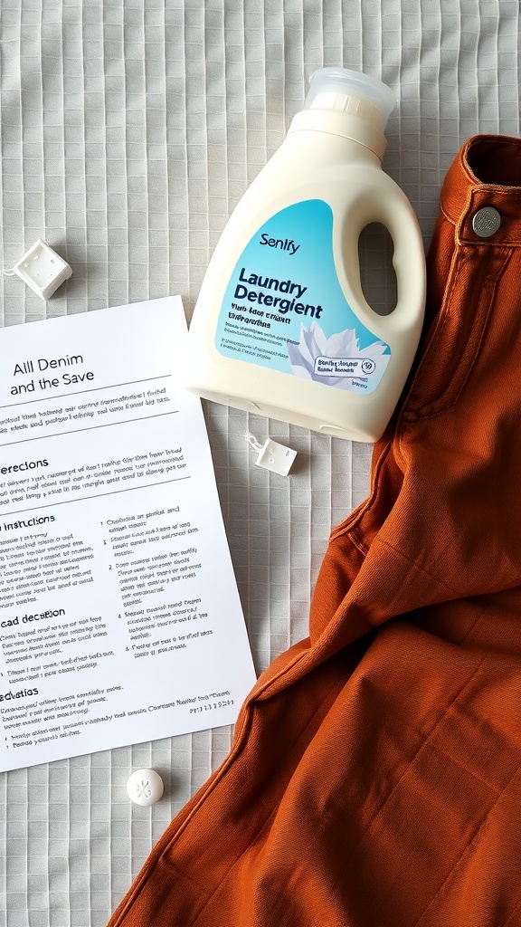 A bottle of laundry detergent beside brown jeans and care instructions on a table.