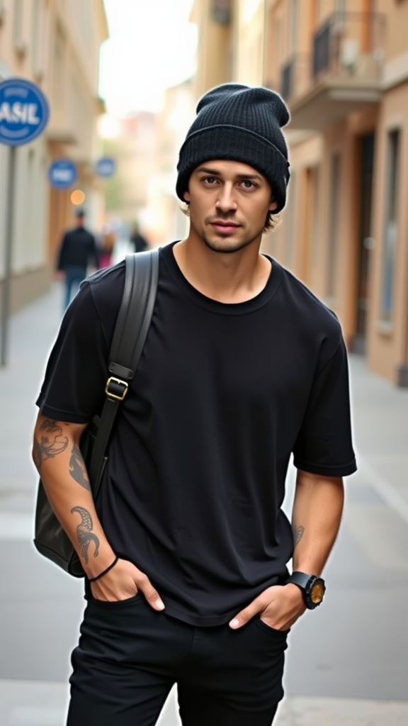 A young man wearing a black beanie, black basic tee, and blue jeans, looking stylish on a city street.