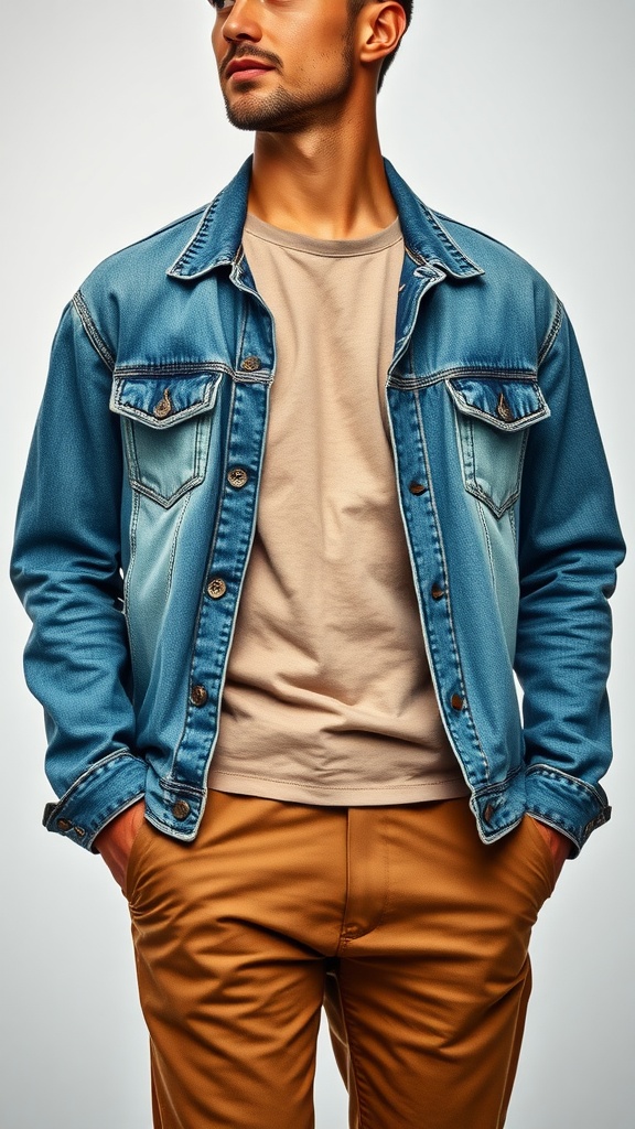 A casual outfit featuring a blue denim jacket over a gray t-shirt, paired with brown khakis.