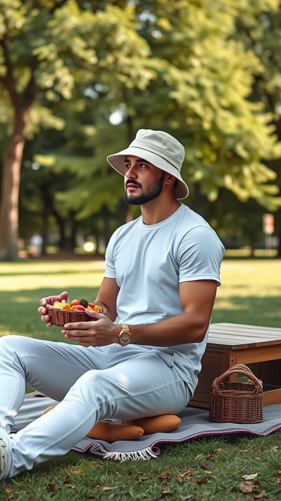 A man wearing a casual canvas bucket hat, white tee, and white jeans, sitting outdoors.
