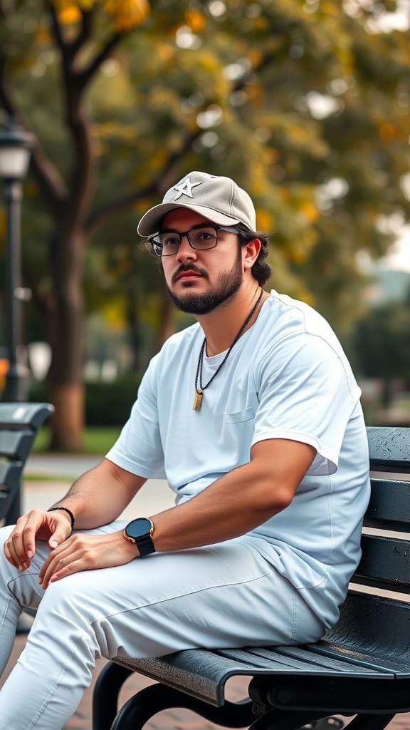 A man wearing a casual dad hat, white basic tee, and white jeans, sitting on a bench in a park.