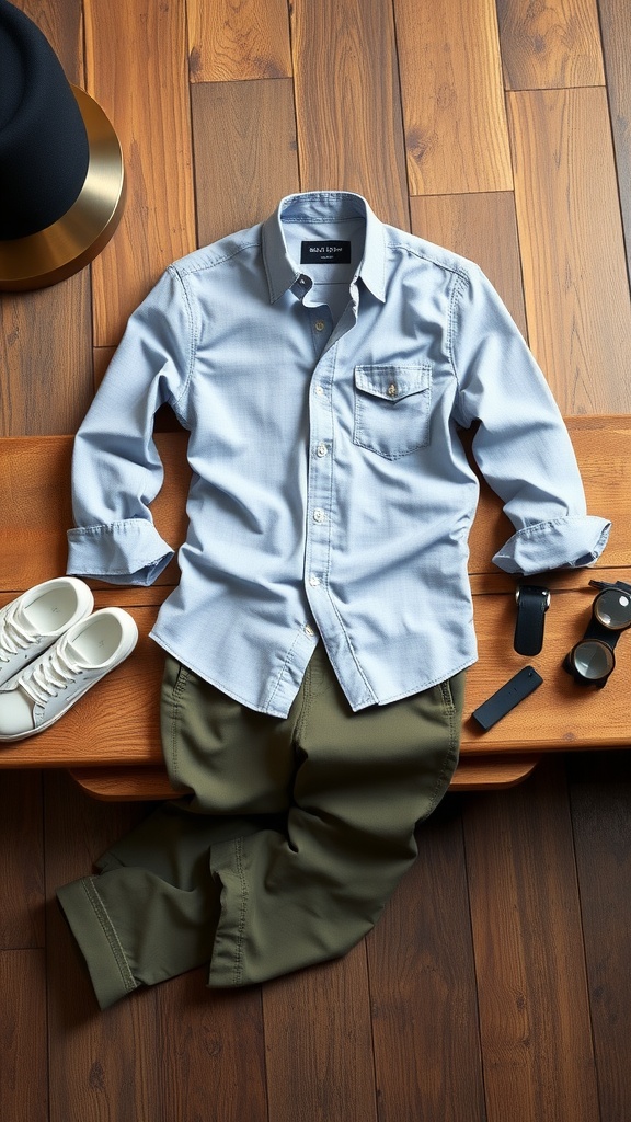 Outfit featuring a light blue dress shirt, olive green chinos, white sneakers, and accessories on a wooden surface.