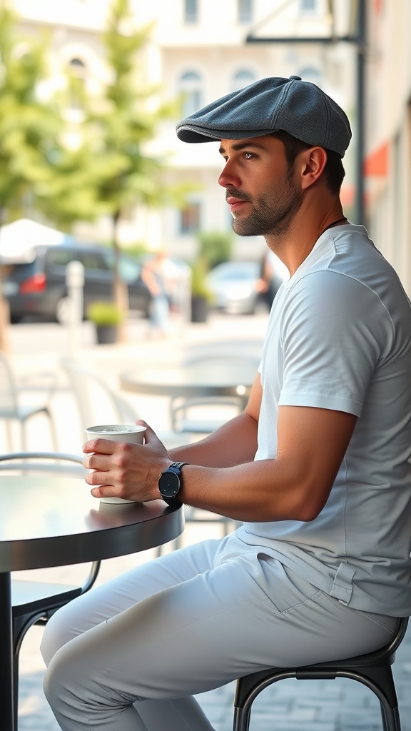 A man wearing a casual flat cap, a white basic tee, and white jeans, sitting at a café table with a coffee.