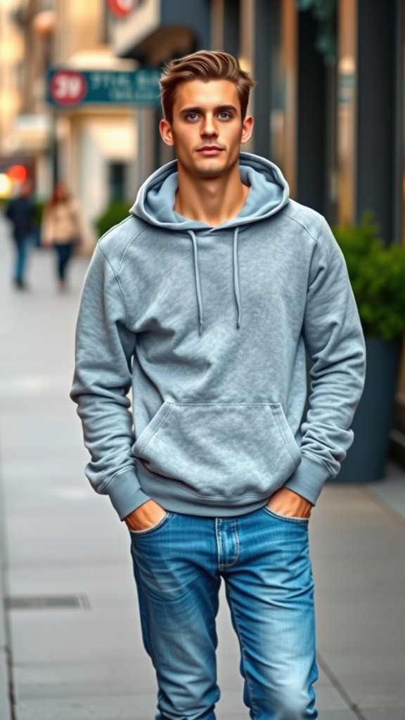 A young man wearing a grey hoodie and blue jeans, walking down a city street.