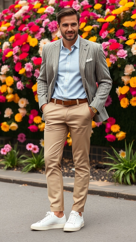 A young man wearing a white shirt and tailored pinstriped trousers, showcasing casual sneakers, standing amidst colorful flowers.