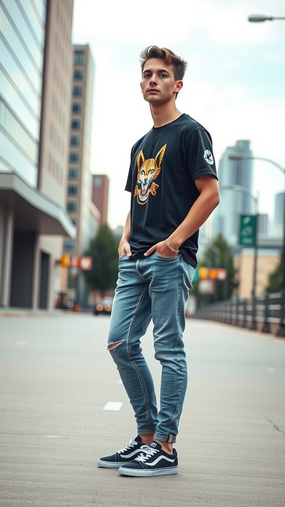 A young man in acid wash jeans and a graphic tee stands on a city street.