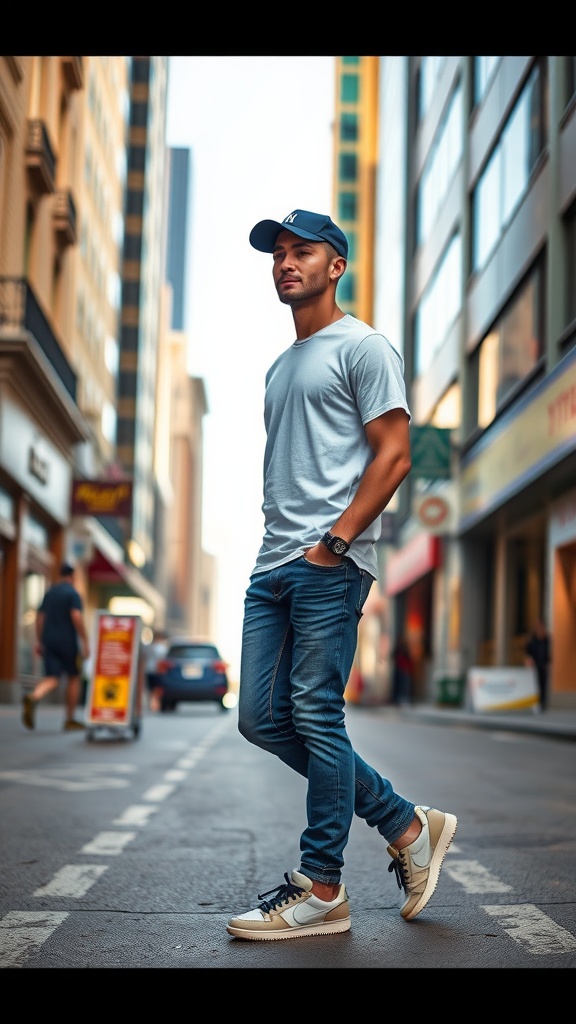 Man in a light blue tee and jeans, wearing sneakers on a city street.