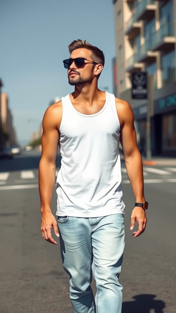 A man walking confidently in a white tank top and light jeans on a sunny street.