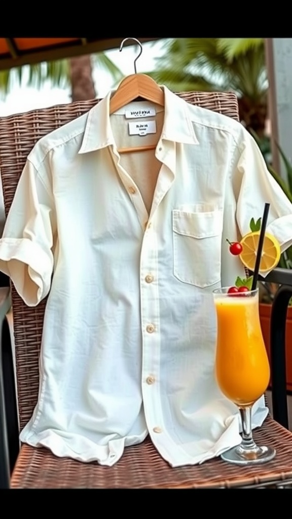 Brightly printed swim shorts on a striped beach towel with a sun hat and sunglasses.