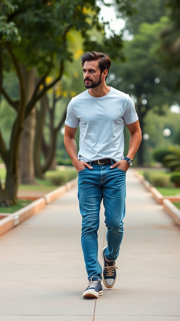 A man in blue jeans and a long-sleeve shirt, standing in a park with trees and benches in the background.