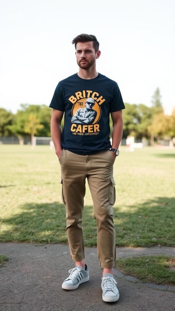 A man wearing a graphic t-shirt and khaki chinos, standing in a park.