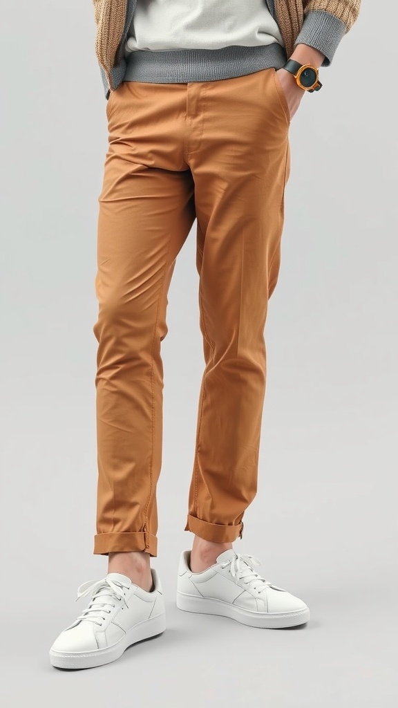 A person wearing brown khakis and casual white sneakers, styled for a relaxed outfit.