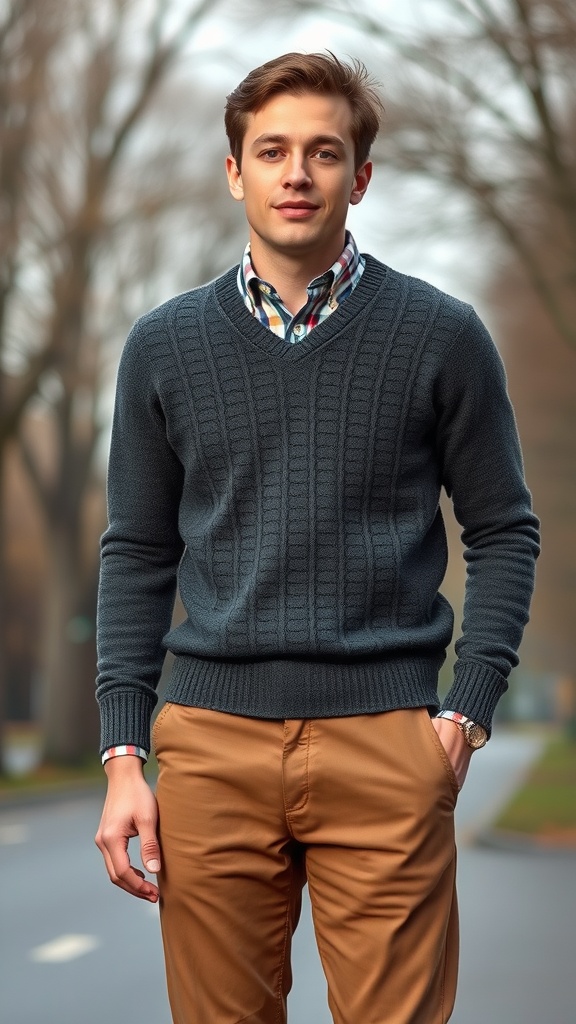 A man wearing a charcoal gray sweater with brown khakis, standing outdoors.