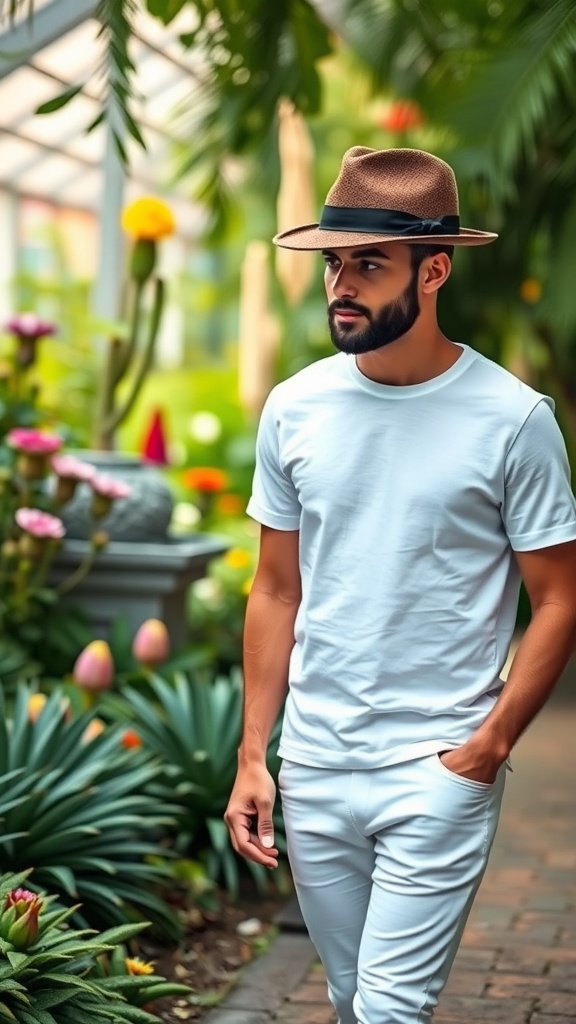 A man wearing a white basic tee and white jeans walks through a garden wearing a charming wool fedora.