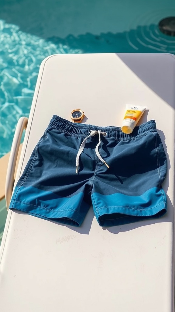 Stylish navy and blue boardshorts, a watch, and sunscreen on a table beside a pool.