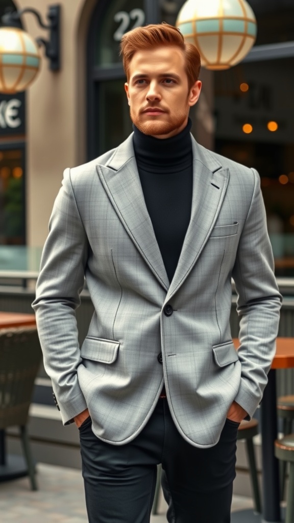 A man wearing a grey blazer and black jeans, styled with a black turtleneck.