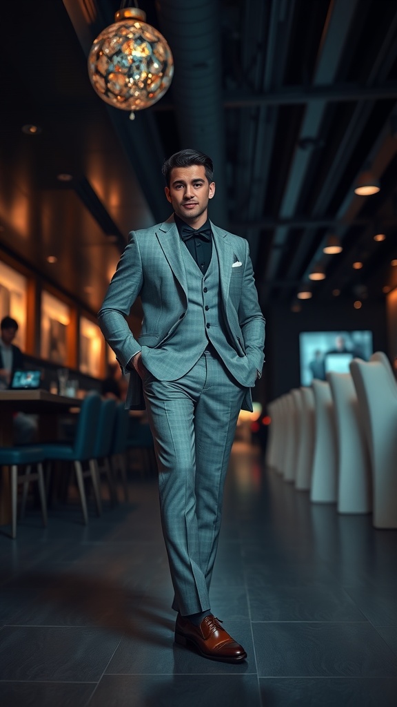 A well-dressed man in a gray suit with a black shirt, standing in a stylish restaurant setting.