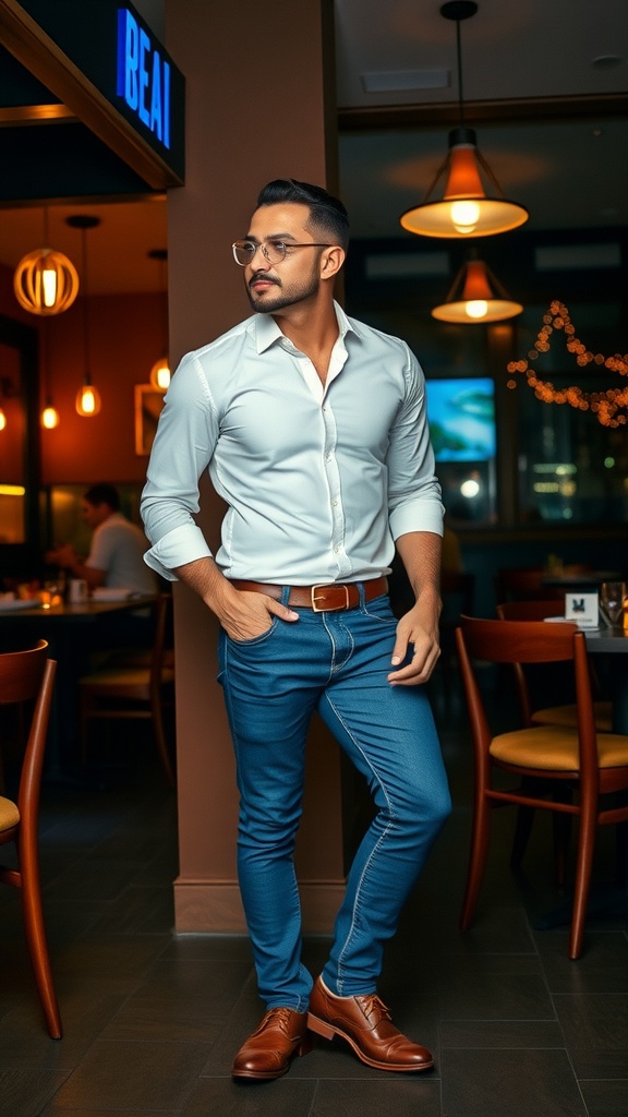 Man wearing blue jeans, a white shirt, and brown shoes, looking stylish in an evening setting.