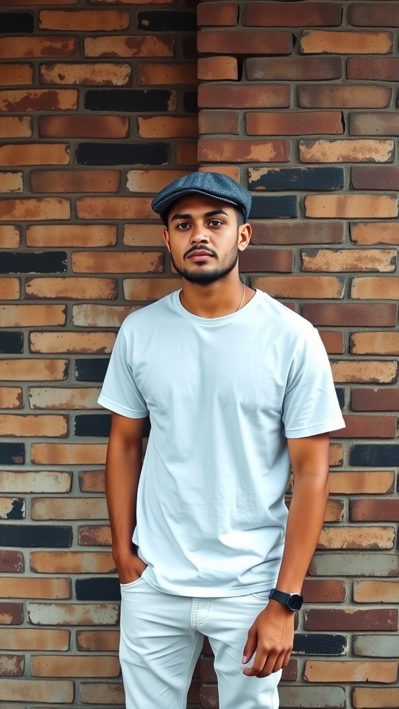 A man wearing a newsboy cap with a white basic tee and white jeans standing against a brick wall.