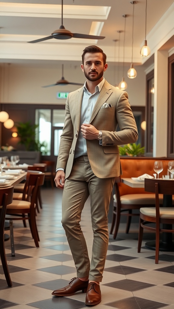 Man in a beige blazer and chinos standing in a stylish restaurant.