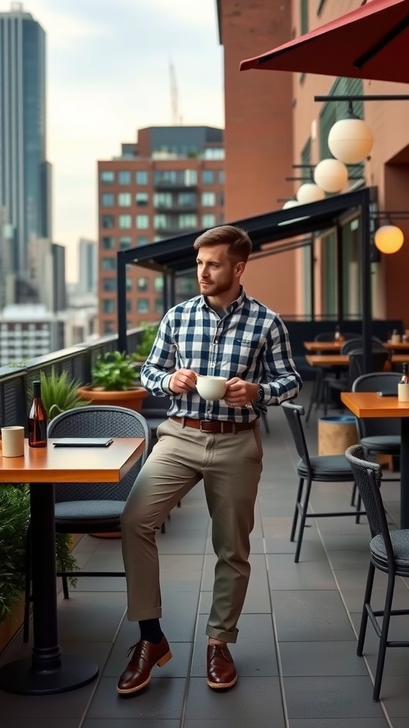A man in a checkered shirt and chinos enjoying brunch on a patio