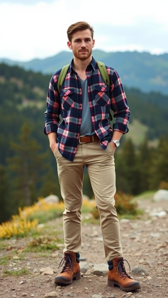 A man in a light-colored shirt and chinos stands confidently in a stylish restaurant, showcasing a date night outfit.