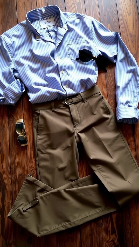 An outfit featuring a light blue shirt, beige chinos, sunglasses, a brown belt, and a black wallet, laid out on a wooden surface.