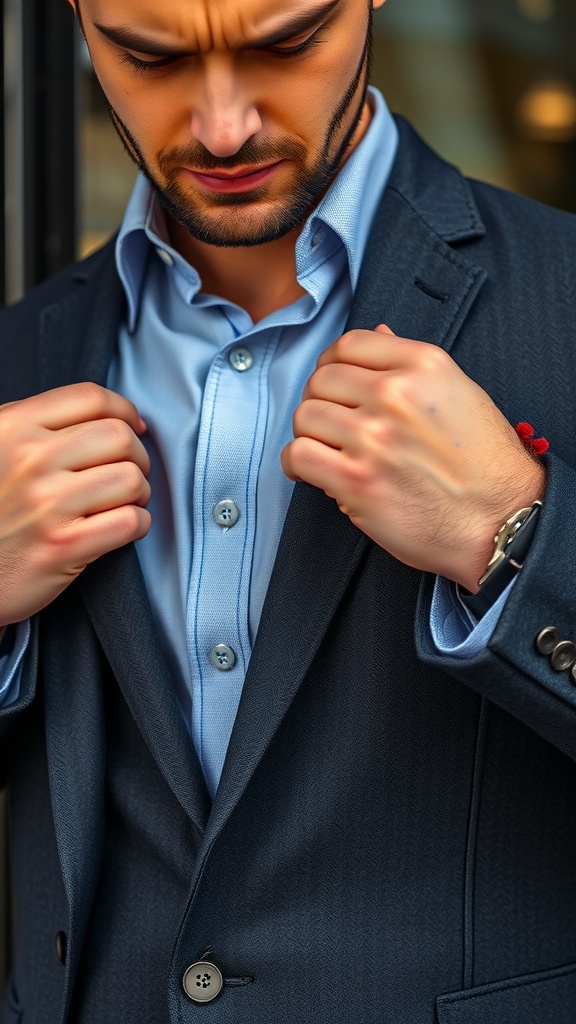 A man adjusting the lapel of his well-fitted black suit jacket.