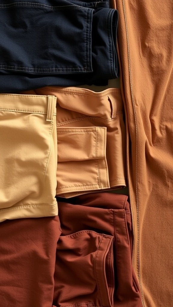 An assortment of pants in various colors and styles, featuring shades of brown and other earthy tones.