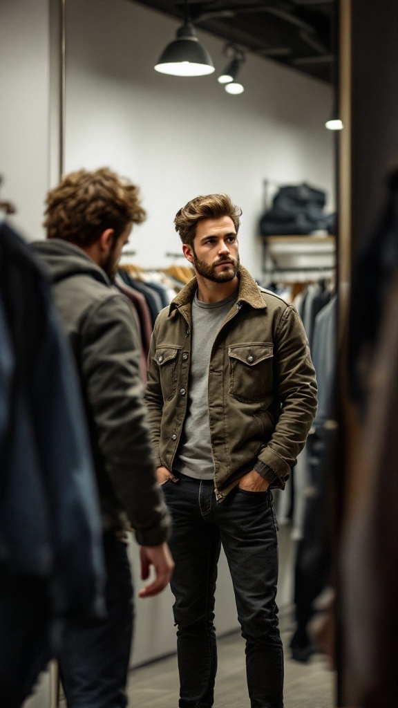 A man trying on jeans in a clothing store, looking at his reflection in the mirror.