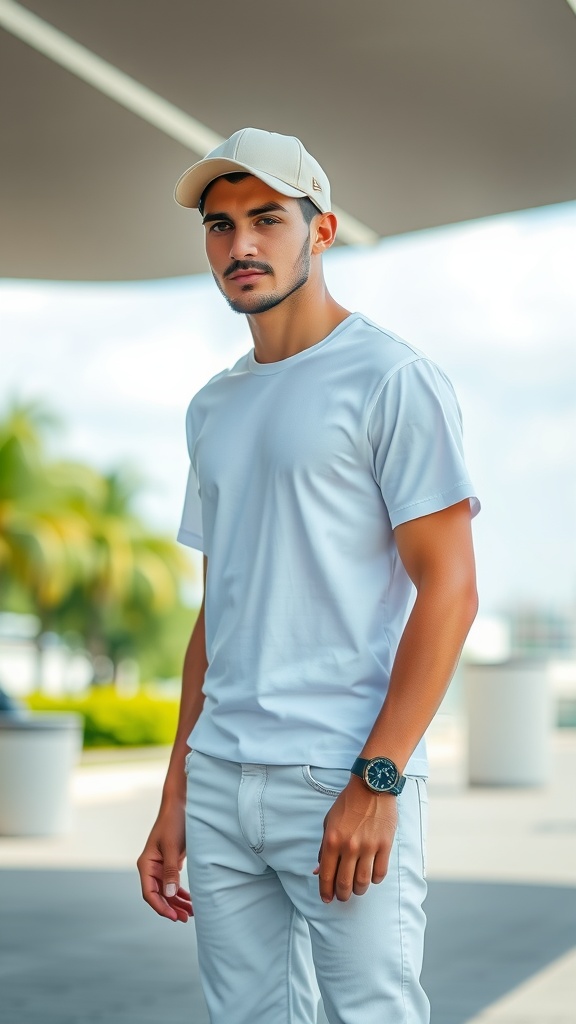 A man wearing a white basic tee and white jeans with a classic baseball cap.
