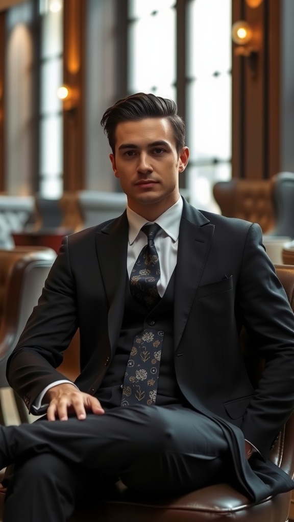 A classic black suit displayed on a chair, featuring a silk tie and a white shirt.