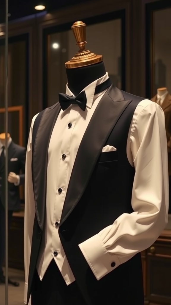 A classic black tie suit displayed on a mannequin, featuring a tuxedo jacket, white dress shirt, and bow tie.