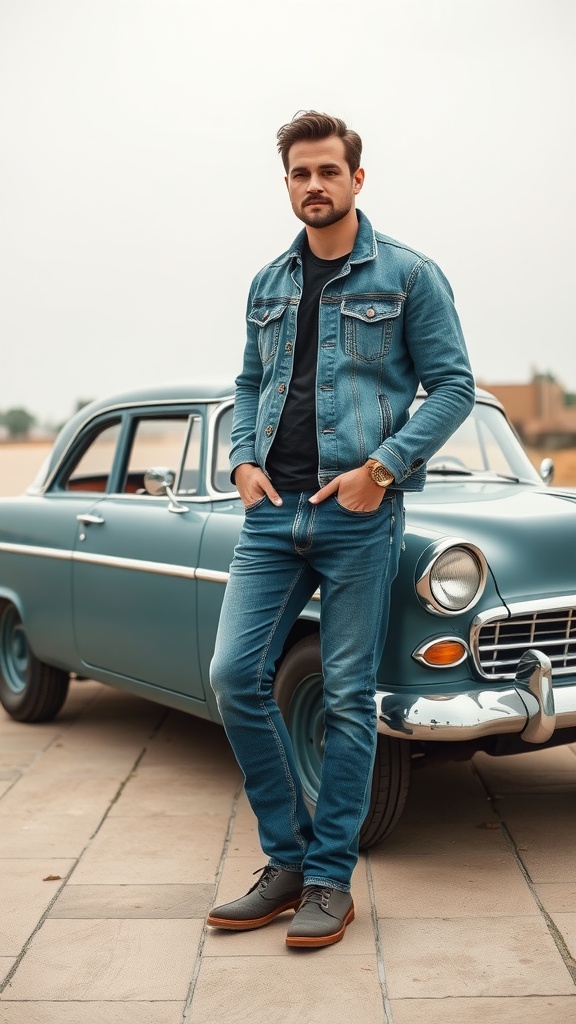 A man wearing a denim jacket and jeans, standing next to a vintage car.