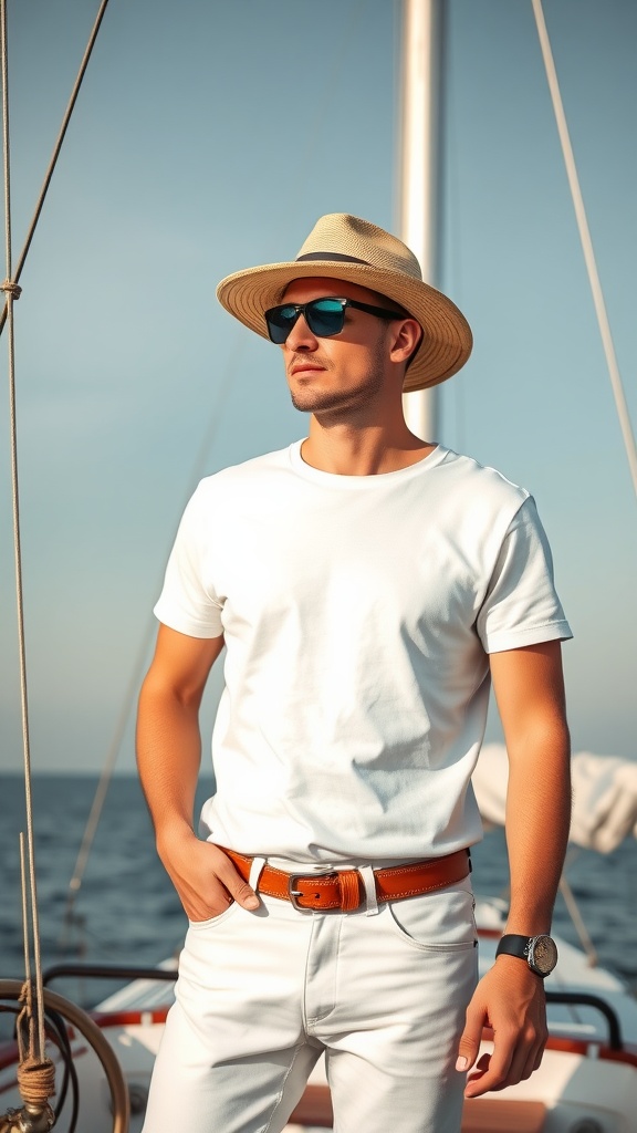 A man in a classic sailing hat, white tee, and white jeans, standing on a boat.