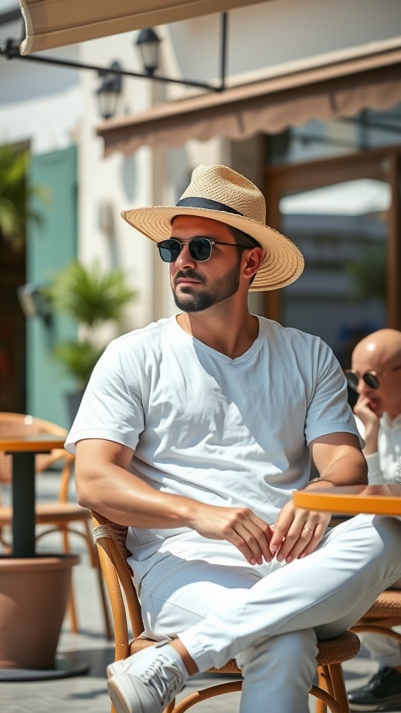 A man wearing a classic straw hat with a white t-shirt and white jeans, sitting outdoors.