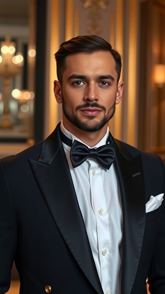 A classic black tuxedo displayed on a mannequin with satin lapels, paired with a white shirt and black bow tie.