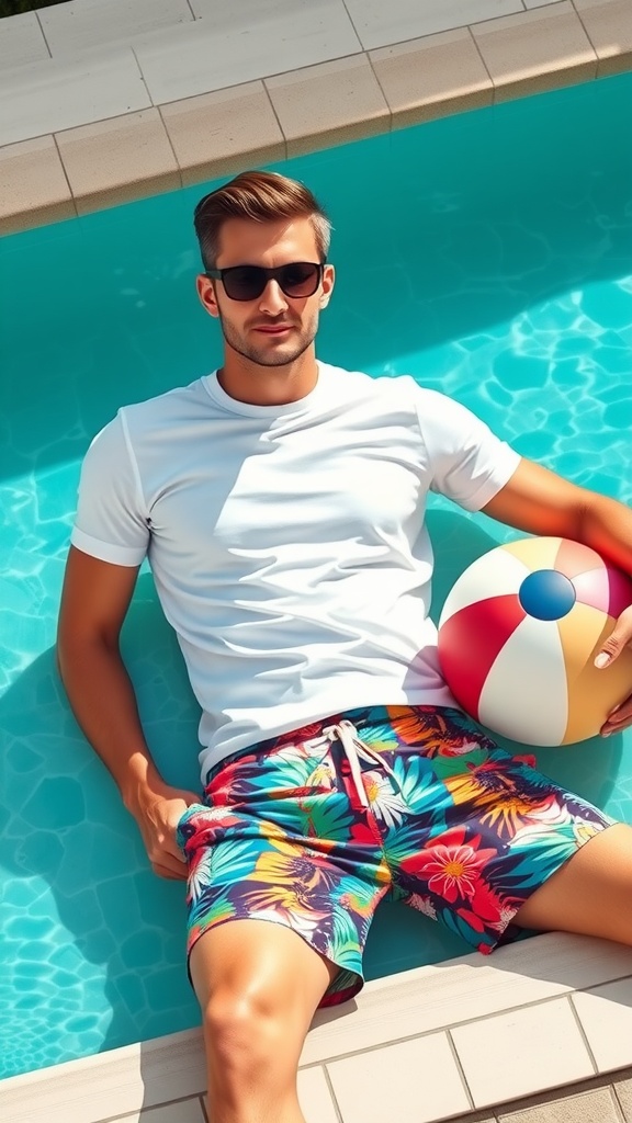 A classic white t-shirt laid out with colorful floral swim trunks and a beach ball on a light blue poolside background.