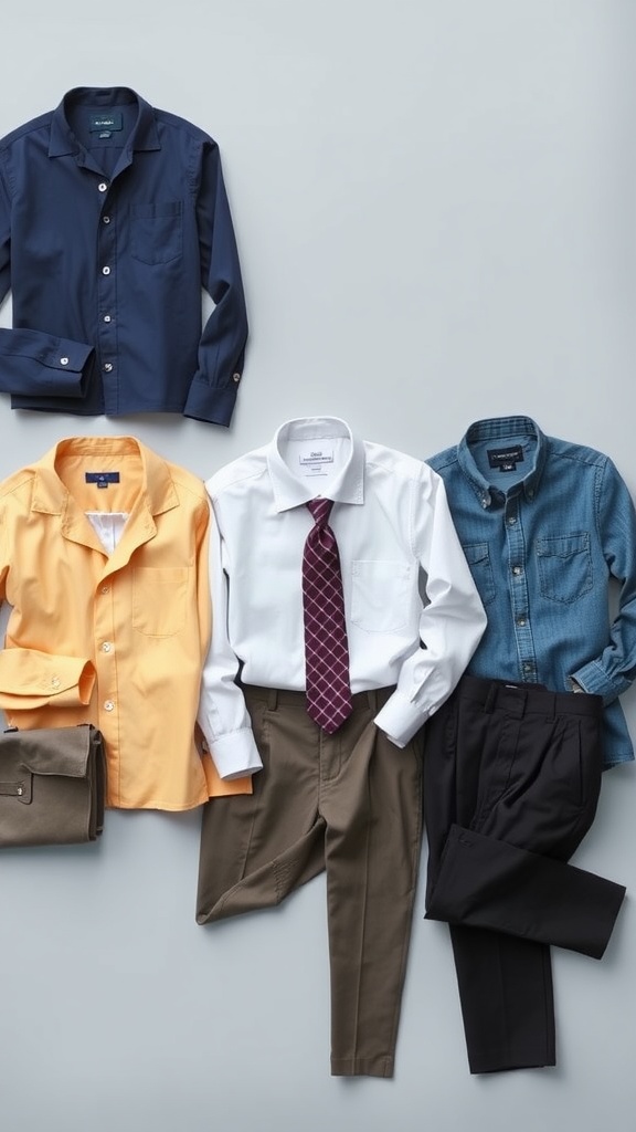 A flat lay of men's clothes including shirts in yellow, white, and denim, along with pants in brown and black.