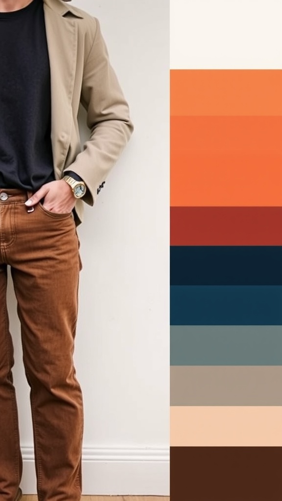 A young man wearing brown jeans, an orange shirt, and yellow shoes, leaning against a wall.
