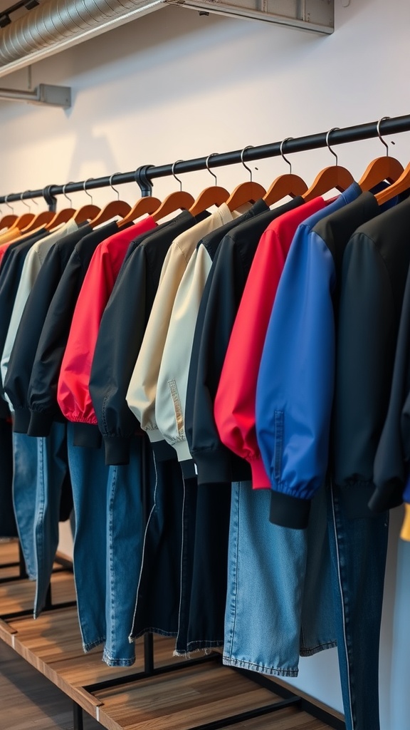 Colorful bomber jackets hung on a rack alongside denim jeans