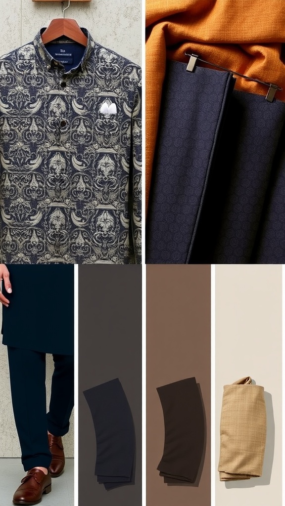 An assortment of men's ethnic wedding wear, featuring colorful kurtas and matching accessories alongside a palette of trending colors.