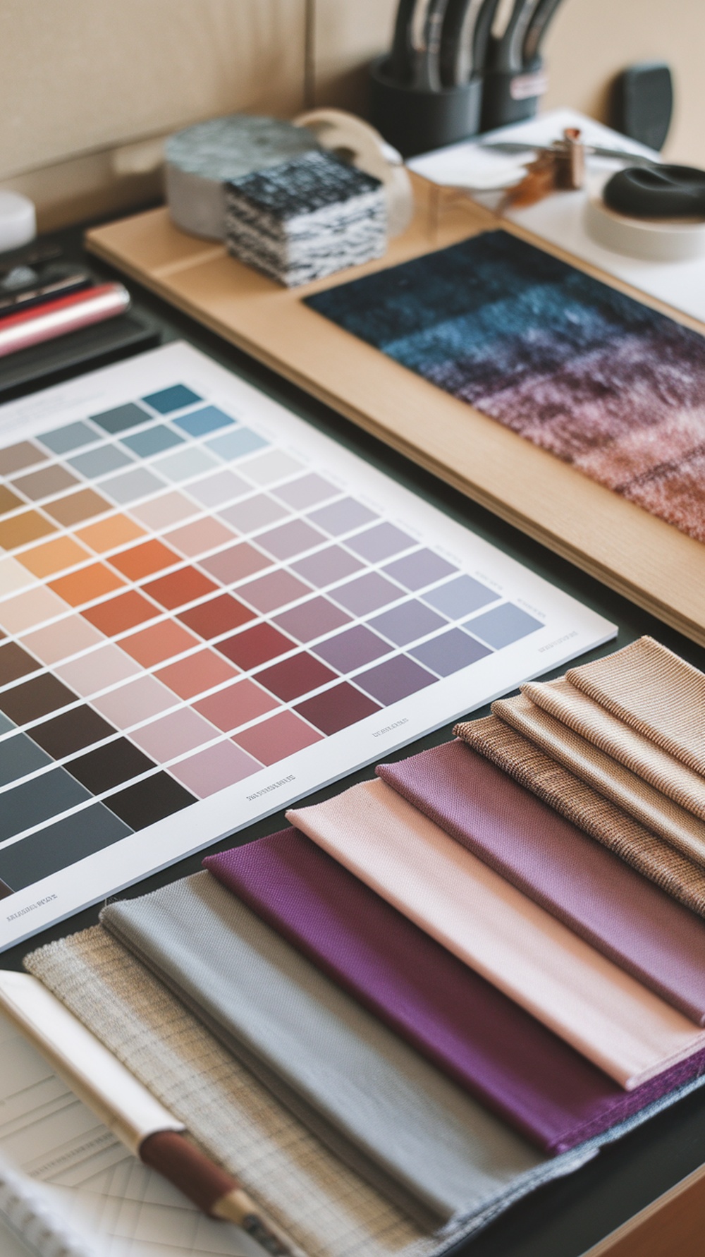 A workspace showcasing a color palette and fabric swatches for elegant fashion design.