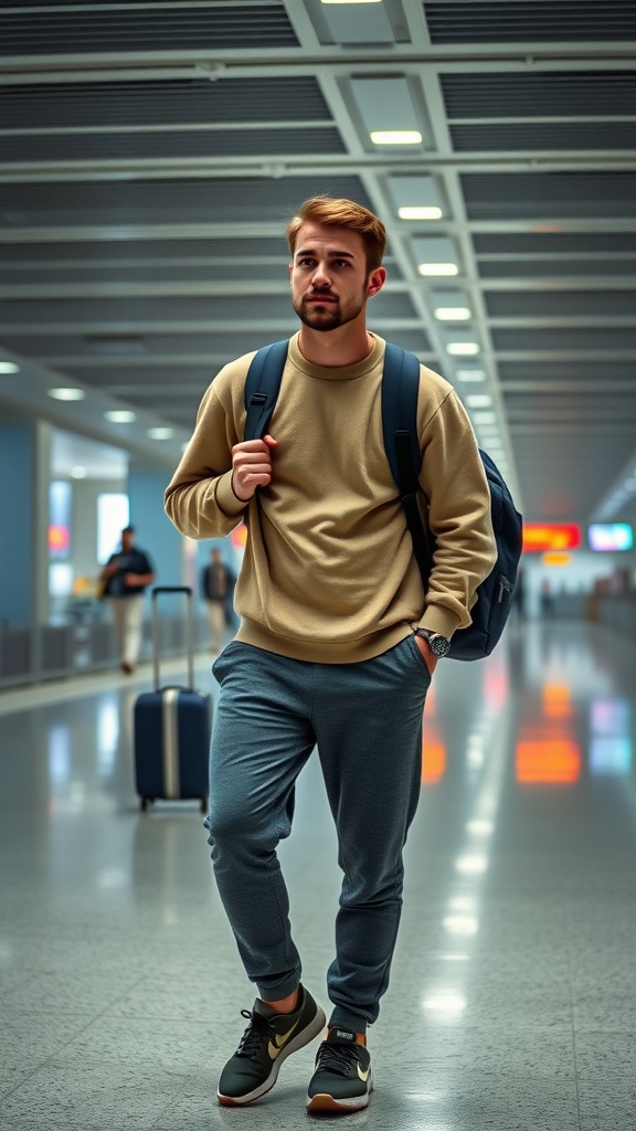 A man in a beige sweatshirt and blue joggers walking through an airport with a backpack.