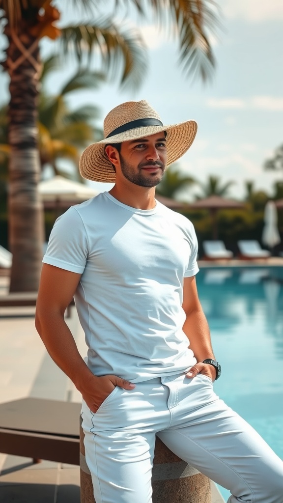 Man wearing a comfortable sun hat with a white basic tee and white jeans, standing by a pool.