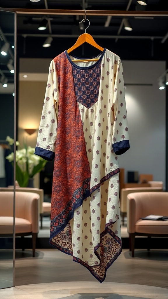 A contemporary asymmetrical kurta in cream and maroon hanging in a stylish setting.