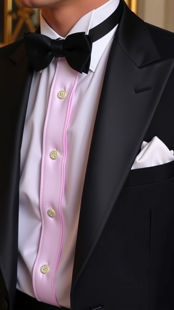 A close-up of a tuxedo featuring a crisp white dress shirt and a black bow tie.