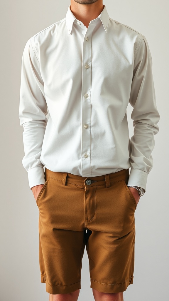 A man wearing a crisp white button-down shirt with brown khaki shorts, hands in pockets.