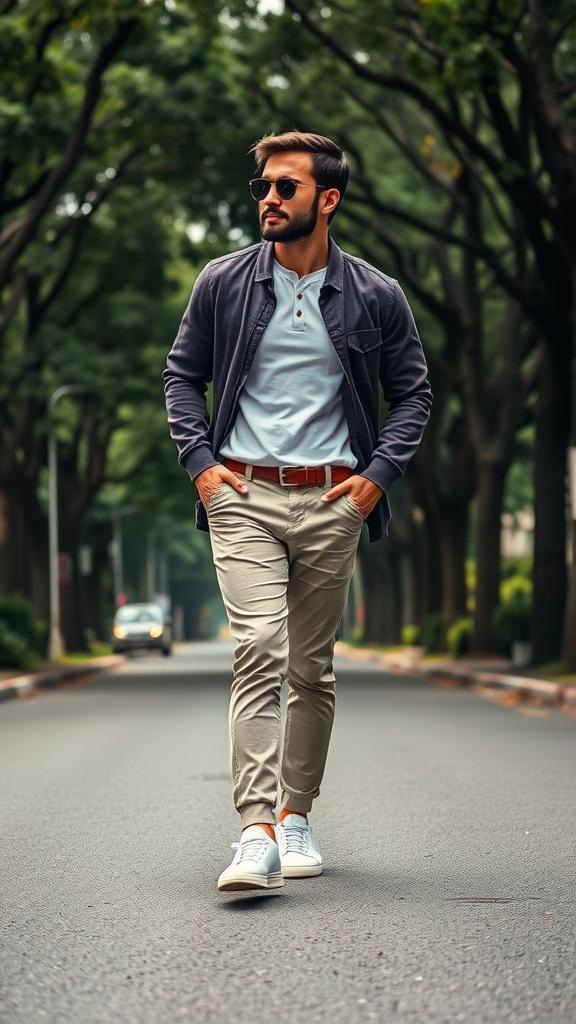A fashionable man walking on a tree-lined street, wearing crisp white sneakers, casual trousers, and sunglasses.